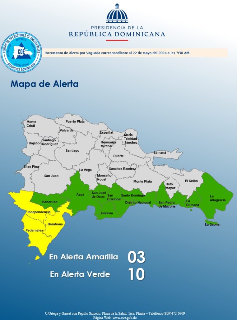 COE coloca 10 provincias en alerta verde; y 3 en amarilla