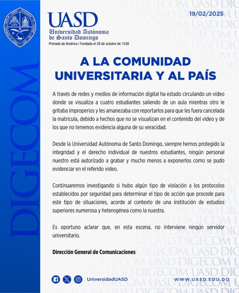 UASD deplora exposición de estudiantes sorprendidos en presunto acto sexual; investigan violación de protocolos - Noticias de hoy en República Dominicana | De Último Minuto