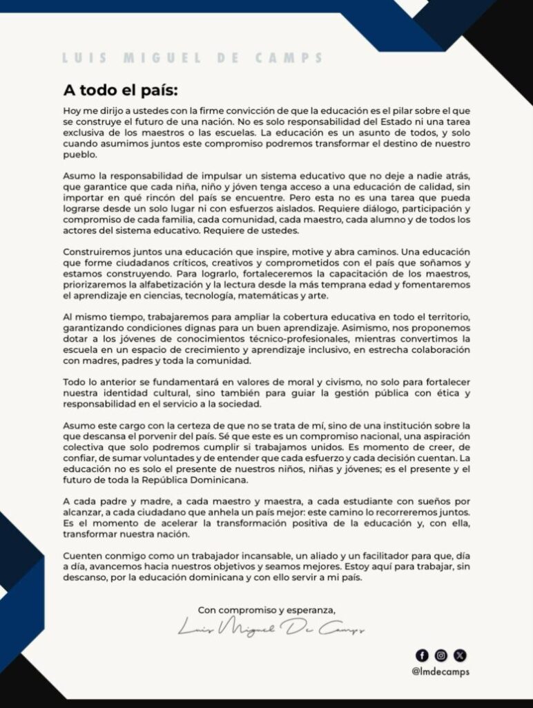 Luis Miguel De Camps llama a la ciudadanía a vincularse para construir una educación de calidad - Noticias de hoy en República Dominicana | De Último Minuto