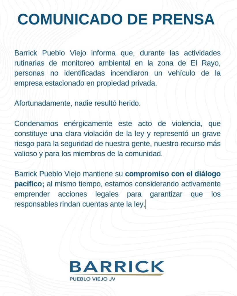 Camioneta de Barrick Pueblo Viejo fue quemada en zona donde se construirá la presa de colas - Noticias de hoy en República Dominicana | De Último Minuto