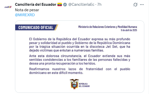 Ecuador expresa sus condolencias a República Dominicana por tragedia en Jet Set - Noticias de hoy en República Dominicana | De Último Minuto
