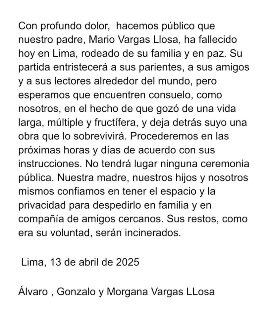 Mario Vargas Llosa fallece en Lima a los 89 años, informa su familia - Noticias de hoy en República Dominicana | De Último Minuto