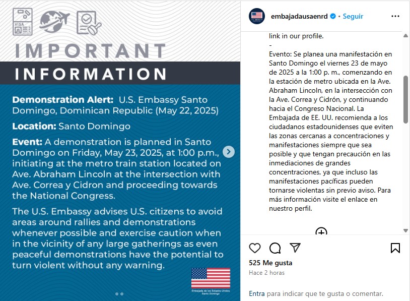 Embajada de EEUU insta a sus ciudadanos evitar zonas de manifestación este viernes en Santo Domingo - Noticias de hoy en República Dominicana | De Último Minuto