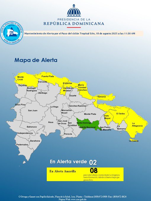 COE mantiene 8 provincias en alerta amarilla y 2 en verde por huracán Erin - Noticias de hoy en República Dominicana | De Último Minuto