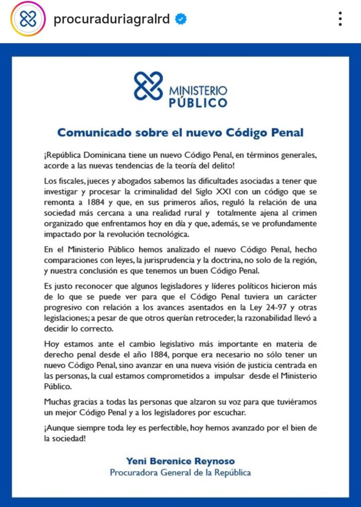 Nuevo Código Penal recibe respaldo de Yeni Berenice - Noticias de hoy en República Dominicana | De Último Minuto