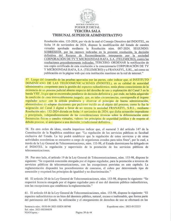 TSA concluye Indotel vulneró proceso y seguridad jurídica al asignar el Canal 3 a Franasyl - Noticias de hoy en República Dominicana | De Último Minuto
