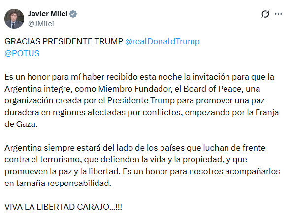Trump incorpora a Milei a la Junta Ejecutiva por la Paz para Gaza - Noticias de hoy en República Dominicana | De Último Minuto
