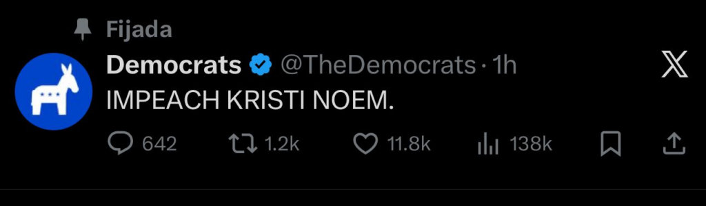 Demócratas publican en su cuenta oficial un único mensaje sin más detalles: “Juicio Político contra Kristi Noem” - Noticias de hoy en República Dominicana | De Último Minuto