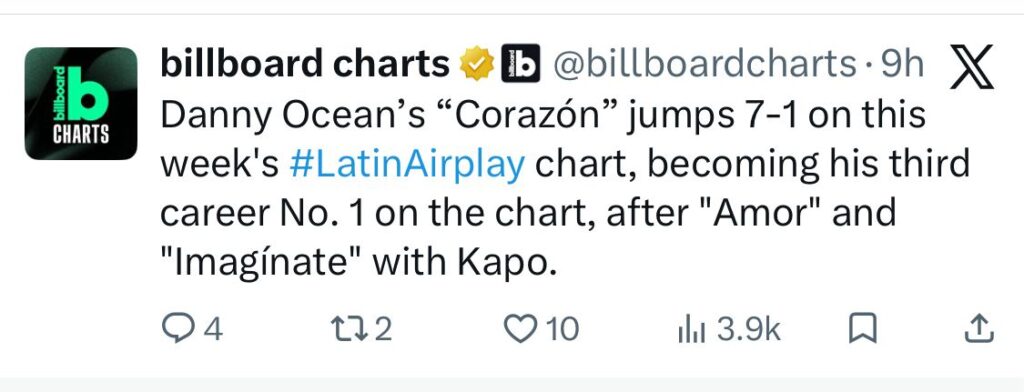Danny Ocean alcanza #1 en Latin AirPlay con “Corazón” - Noticias de hoy en República Dominicana | De Último Minuto