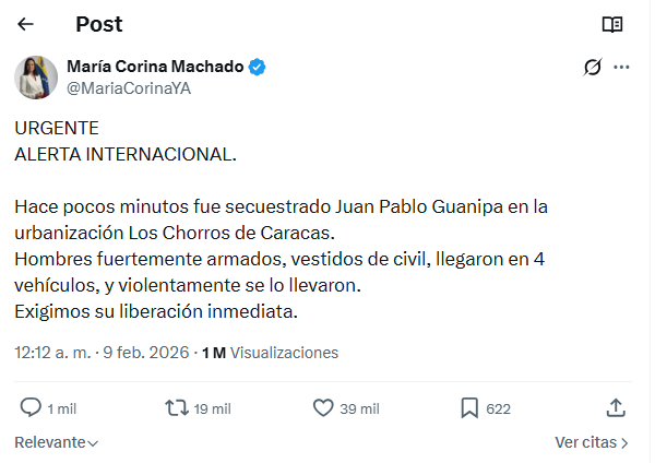 María Corina denuncia que «hombres armados» se llevaron a Juan Pablo Guanipa tras ser excarcelado - Noticias de hoy en República Dominicana | De Último Minuto