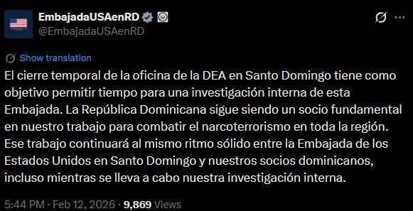 Embajada de EEUU aclara cierre de la DEA en RD es temporal por investigación interna - Noticias de hoy en República Dominicana | De Último Minuto