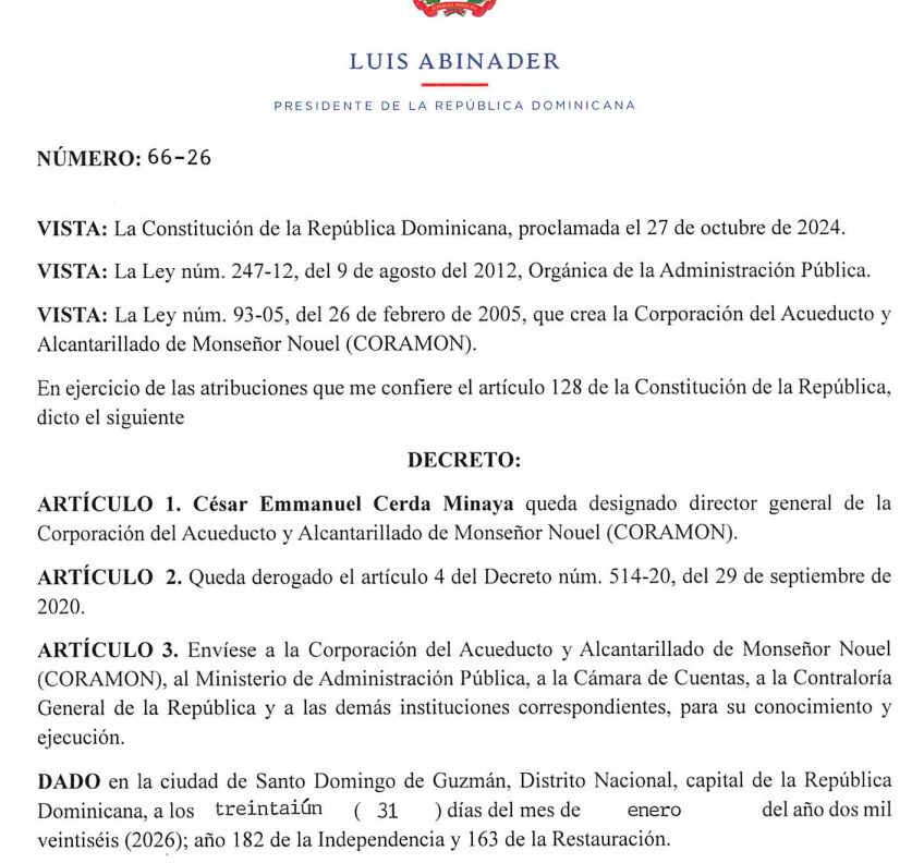 Abinader designa a César Enmanuel Cerda Minaya como director general de CORAMON - Noticias de hoy en República Dominicana | De Último Minuto