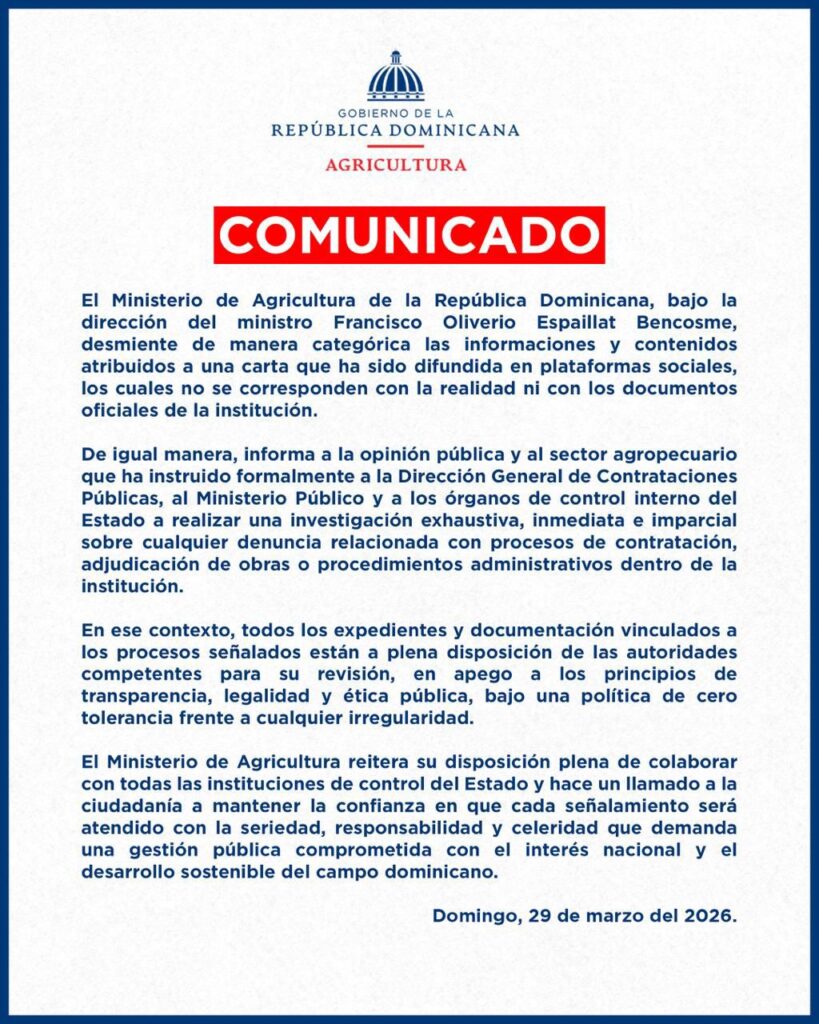 Agricultura desmiente informaciones falsas y solicita investigación sobre procesos internos - Noticias de hoy en República Dominicana | De Último Minuto