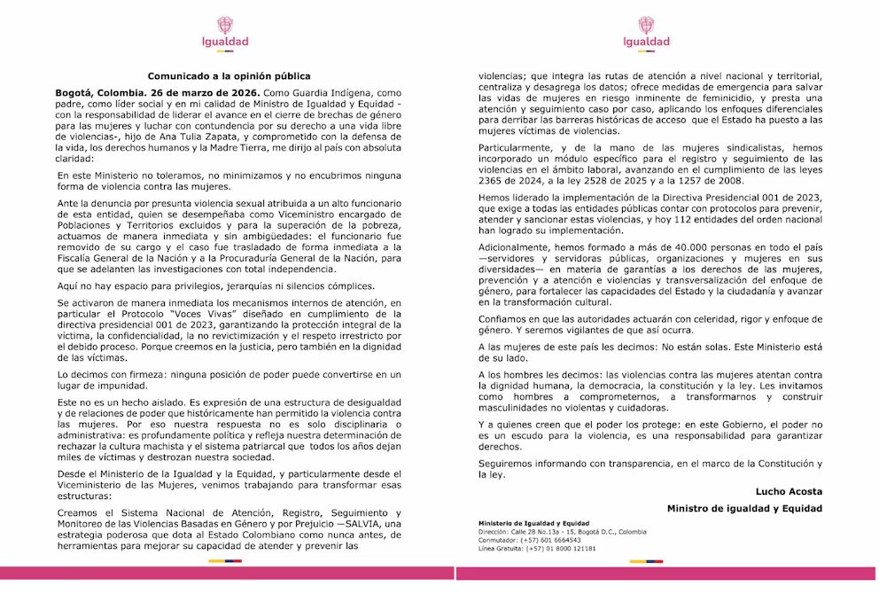 Colombia: renuncia viceministro tras denuncia de presunto acoso - Noticias de hoy en República Dominicana | De Último Minuto
