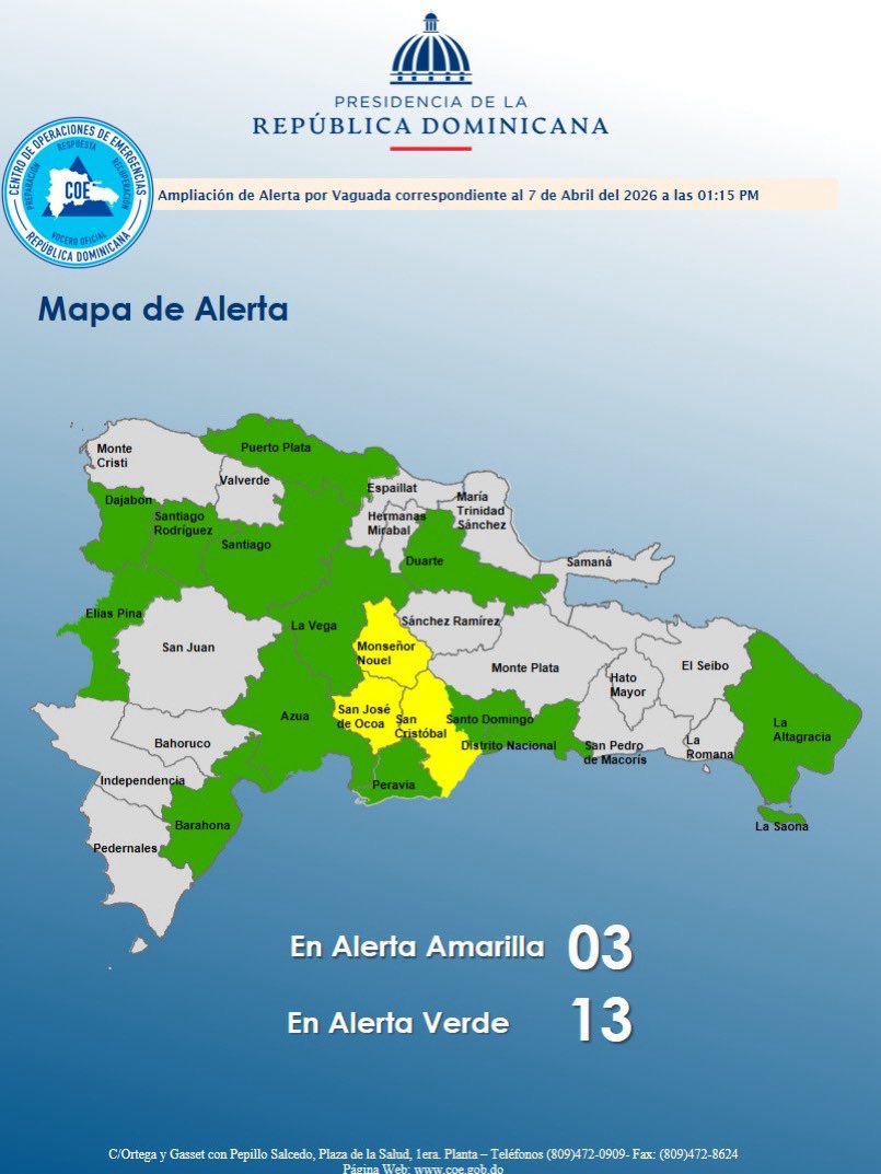 COE eleva a tres las provincias en alerta amarilla y mantiene 12 provincias y el DN en verde por lluvias - Noticias de hoy en República Dominicana | De Último Minuto