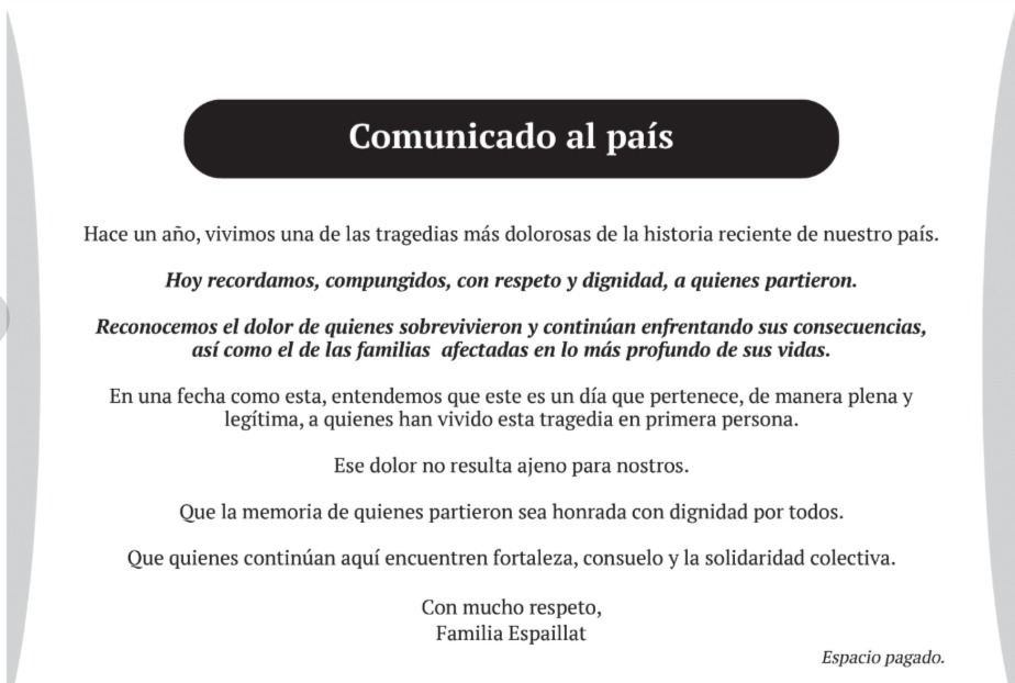 Familia Espaillat invita a recordar con respeto a víctimas de tragedia que marcó al país hace un año - Noticias de hoy en República Dominicana | De Último Minuto